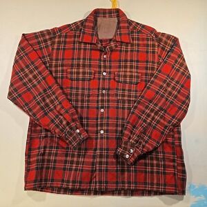 VTG Boxy Overshirt 80s Wool 2XL Shirt Jacket Red Plaid Double Pocket Heavyweight